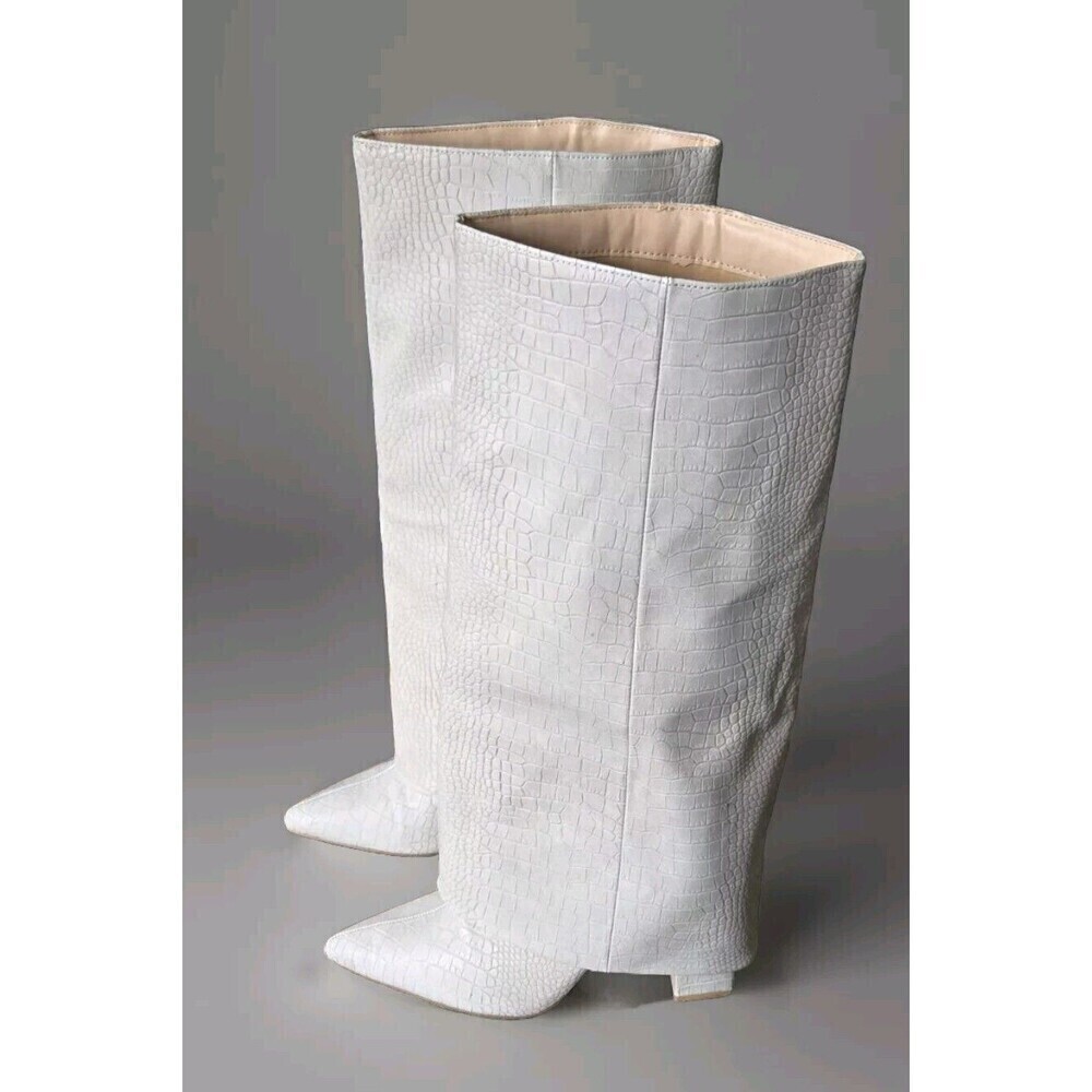 Public Desire Boots Women's 8 Gray Fold Over Croc Embossed Knee High Block Heel